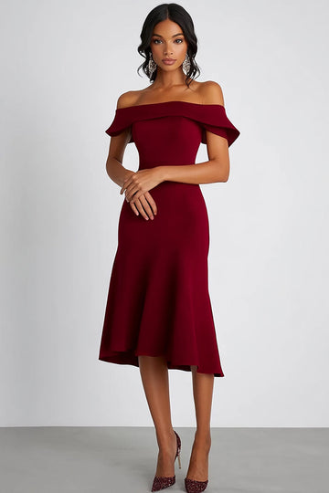 Burgundy Satin A Line Off The Shoulder Midi Formal Dress